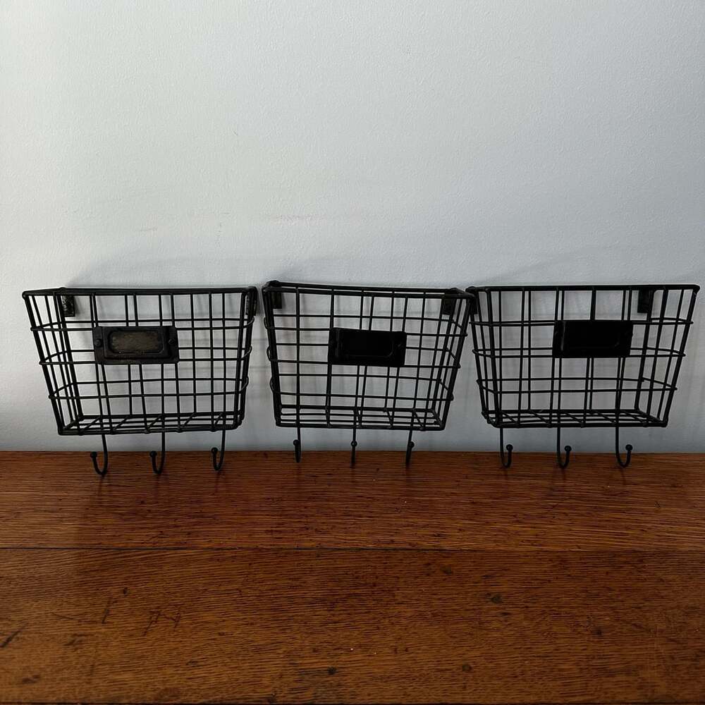 Set of 3 Industrial Black Wire Wall Mount Storage Baskets with Hooks and Label H